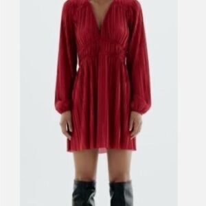Zara Red Pleated Bishop Sleeve Sundress